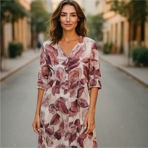 FLAX large 3/4 sleeve floral button down linen dress